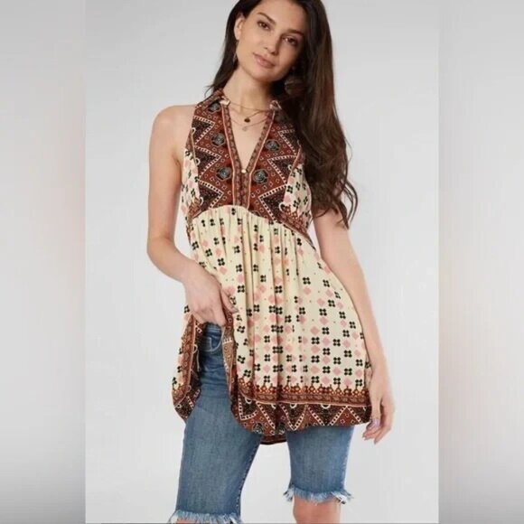 Free People Charlotte Sleeveless Collared V-Neck Pattern Babydoll Tunic Size L - Picture 1 of 16